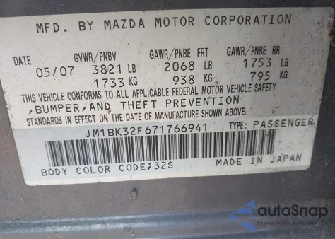 2007 Mazda Mazda3 I from USA, damaged, VIN JM1BK32F671766941
